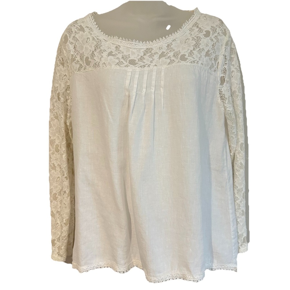 Lungo L'Arno Made in Italy White Linen Blouse Top Sz M Lace Crochet Floral